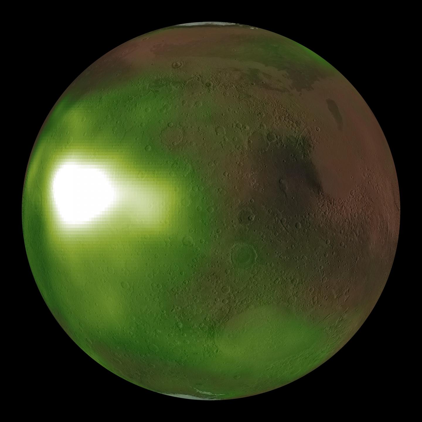Parts of Mars’ atmosphere glows green at night time