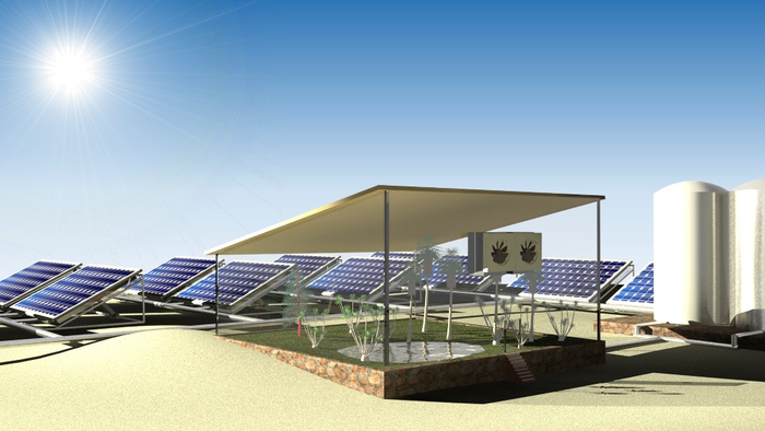 These solar panels pull in water vapor to grow crops in the desert.