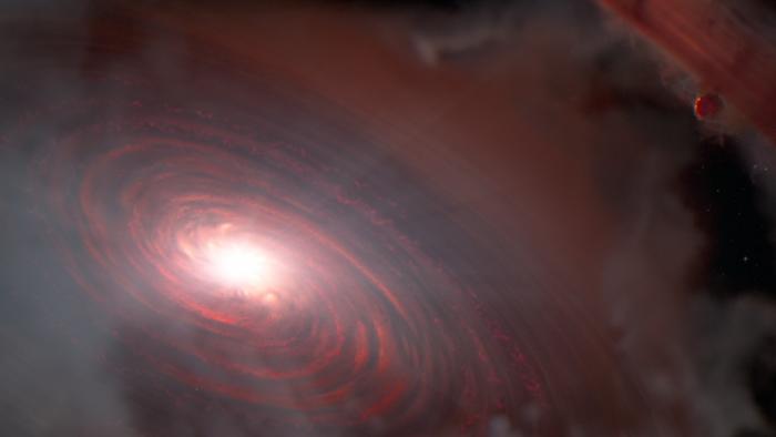 Webb detects water vapor in rocky planet-forming zone.