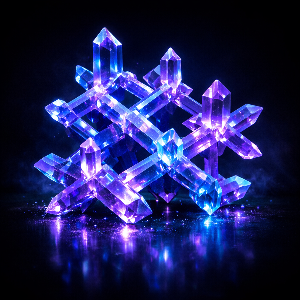 Geometric lattice of interconnected glowing purple and blue crystals
