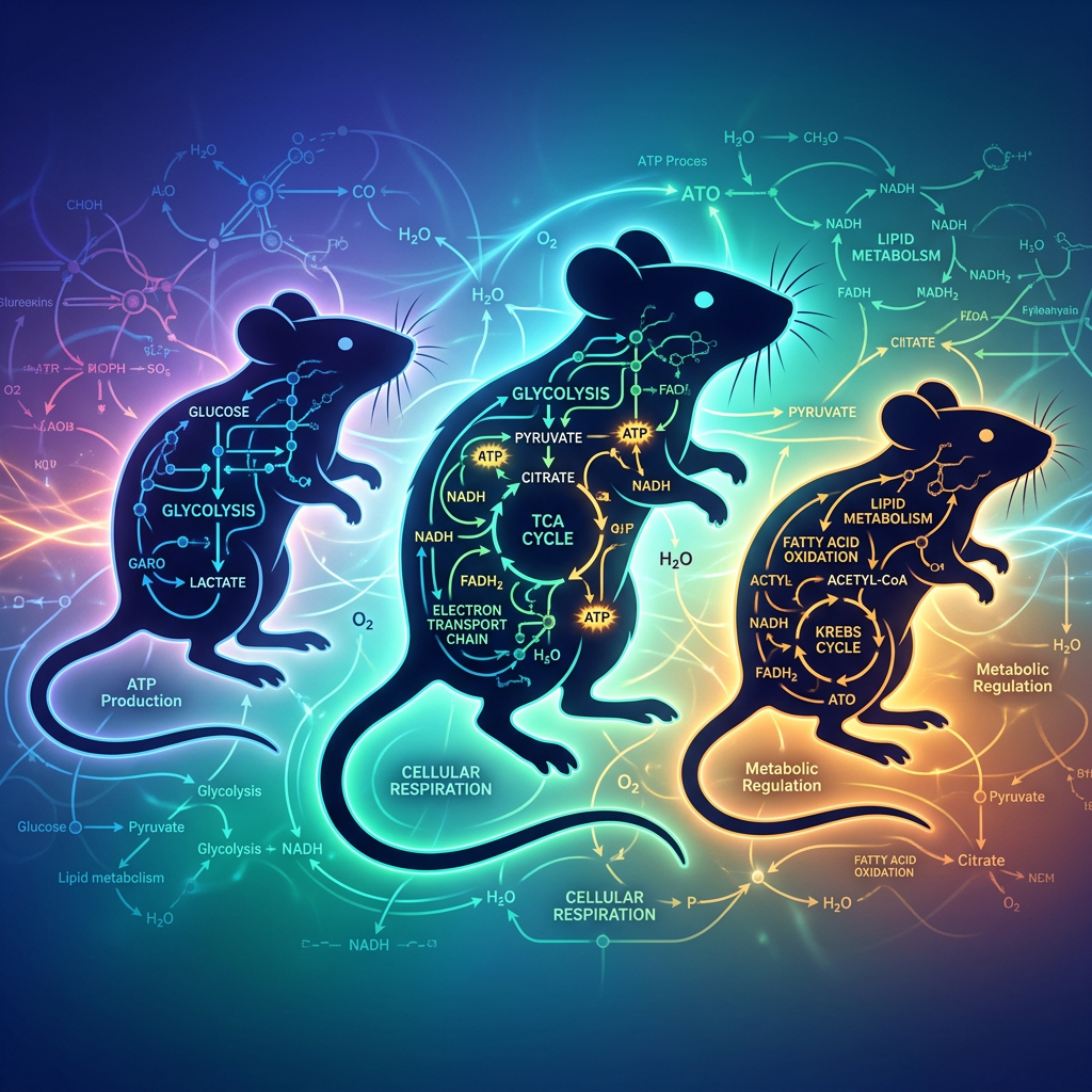 Three mice with diagrams of glycolysis, TCA cycle, and lipid metabolism pathways