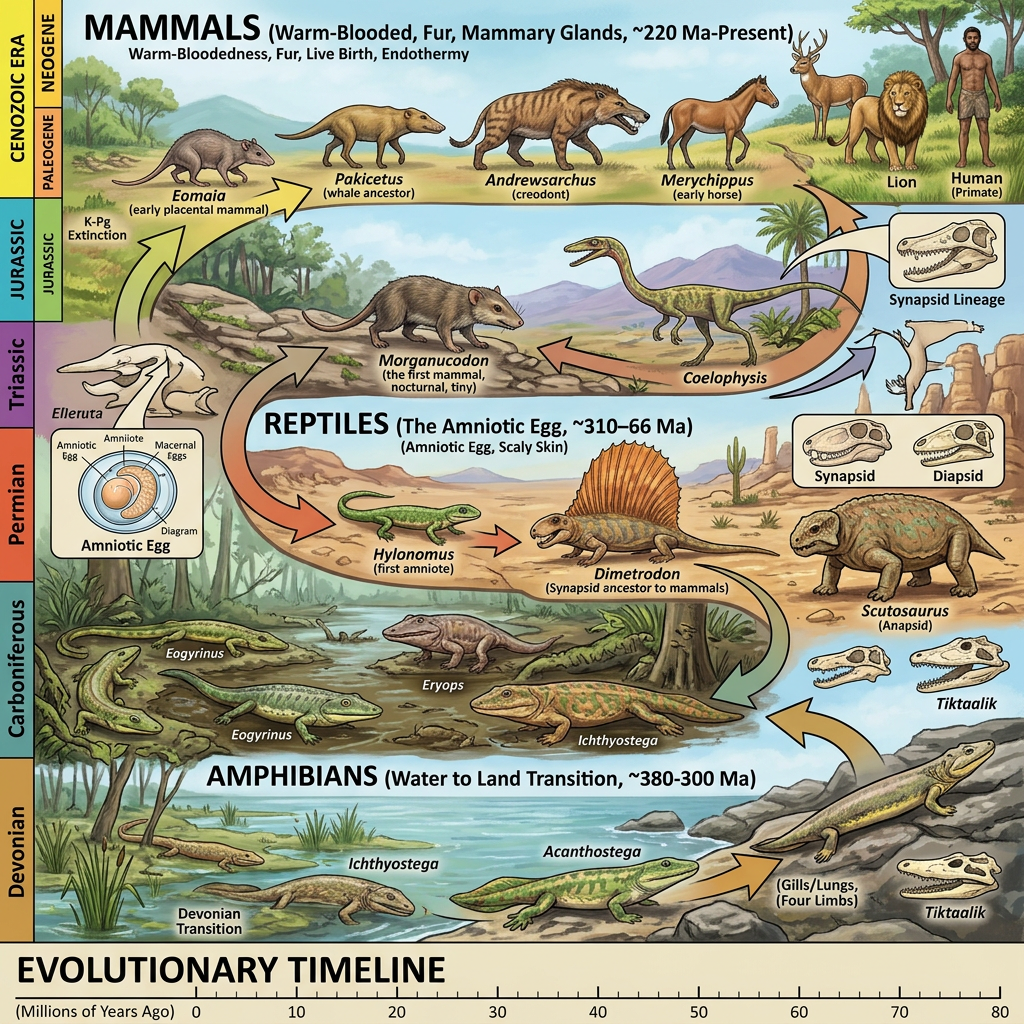 Evolutionary timeline depicting amphibians, reptiles, and mammals with key species and skull diagrams