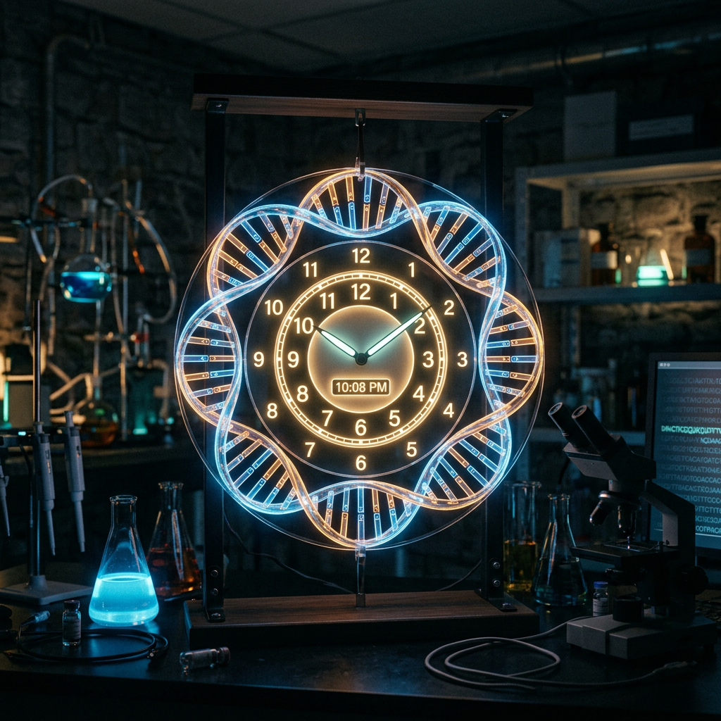 Illuminated clock with DNA double helix design in scientific lab environment