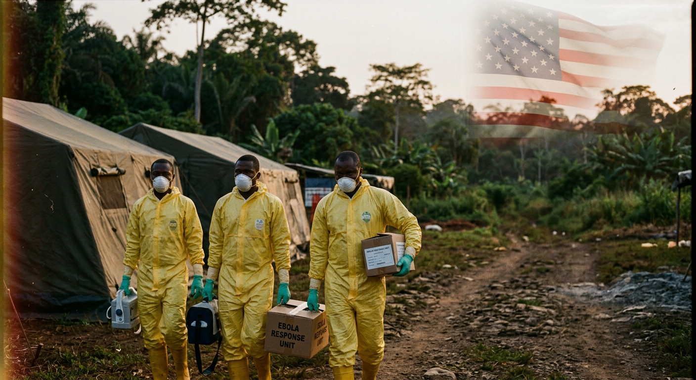 Three medical workers in yellow protective suits and masks carrying Ebola response supplies near tents