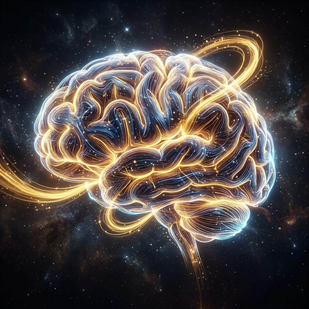 Glowing brain with bright light trails and cosmic background