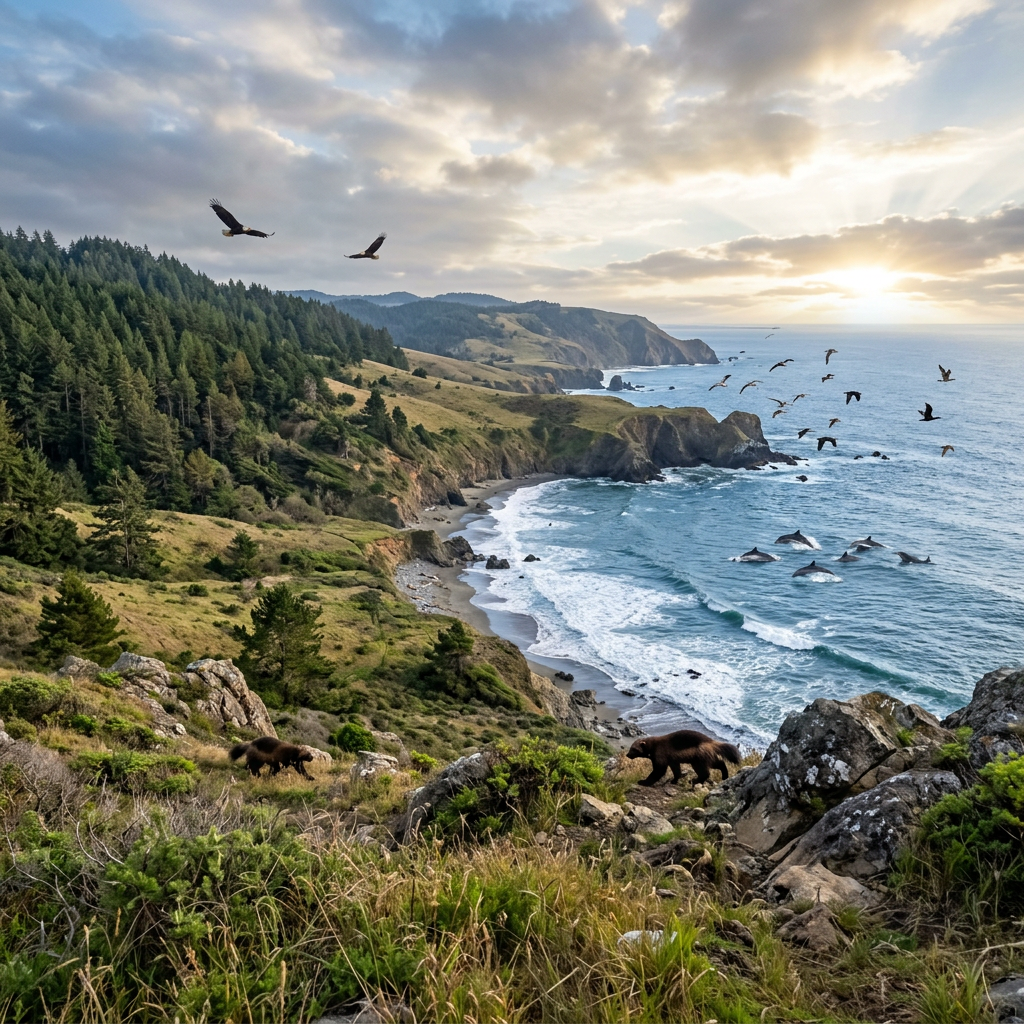 Coastal cliffs with trees, flying eagles, dolphins swimming offshore, and bears walking on grassy rocks
