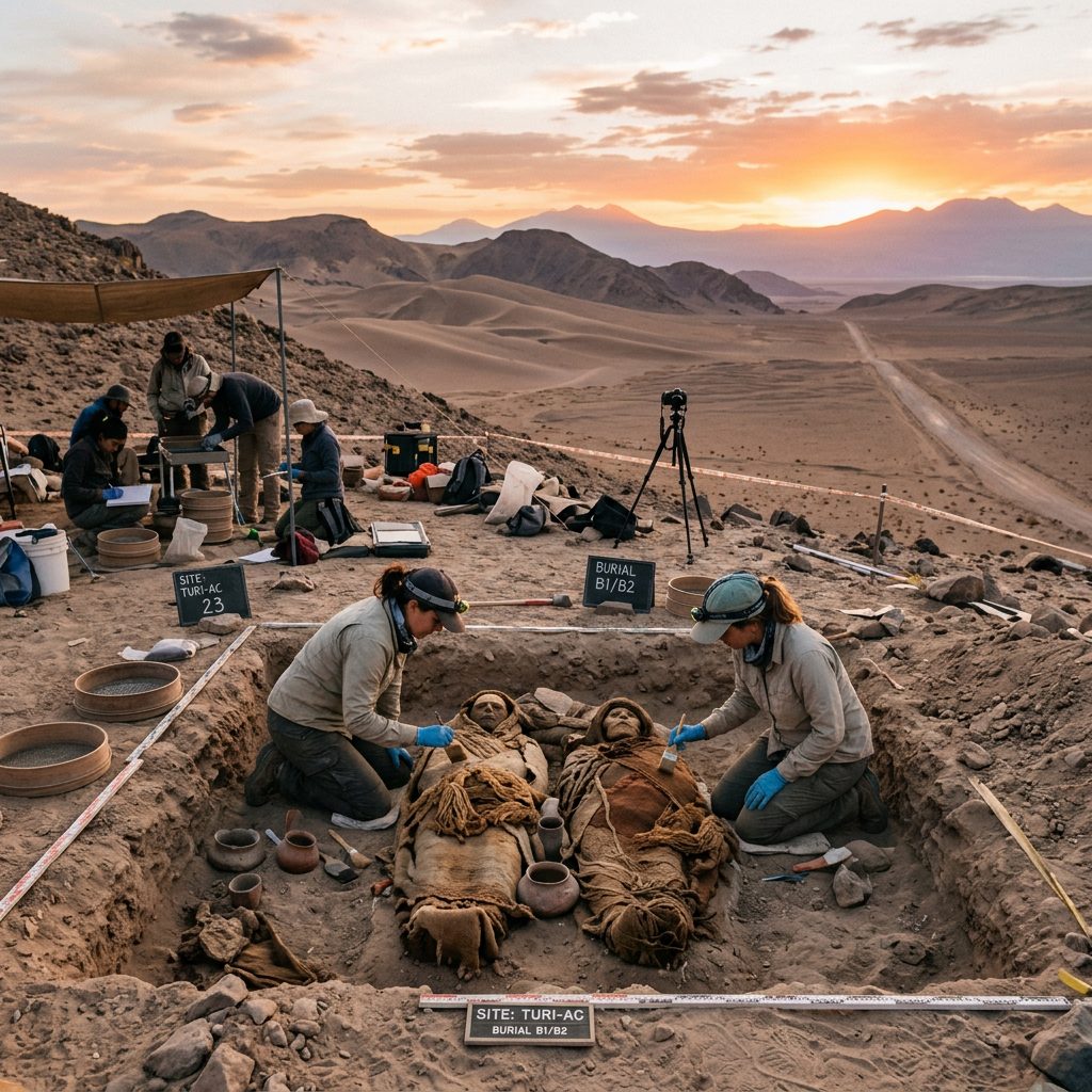 Archaeologists excavating mummified remains wrapped in fiber at a desert site with mountainous terrain and sunset in the background