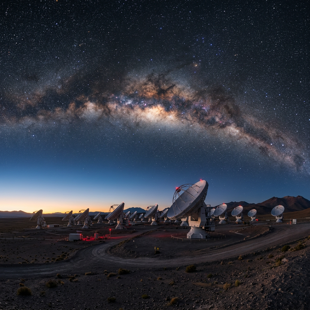 Radio telescope array under twilight Milky Way sky