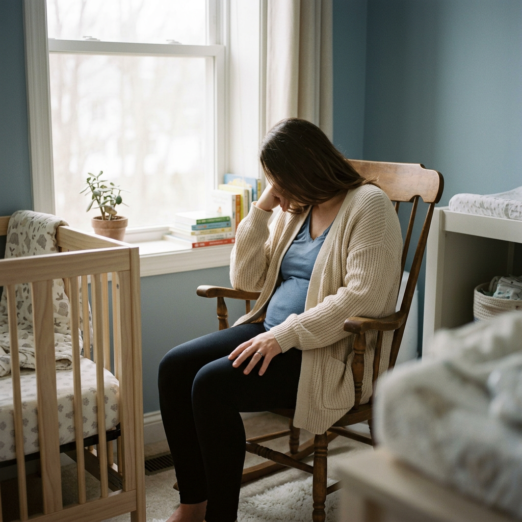 Pregnant woman sitting beside a baby crib in a nursery