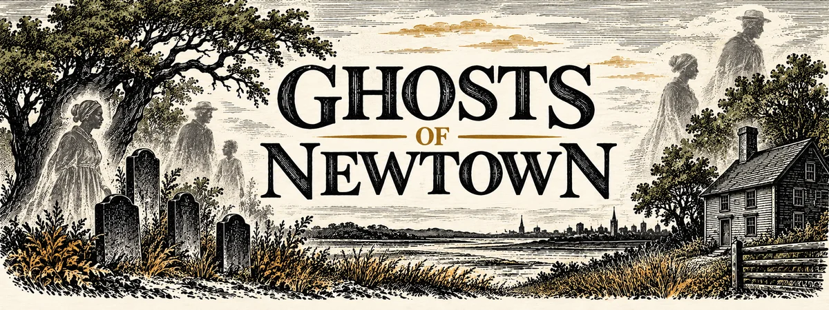 A vintage illustration titled 'Ghosts of Newtown' featuring silhouettes of ghostly figures, gravestones, a river landscape, and an old house surrounded by trees.